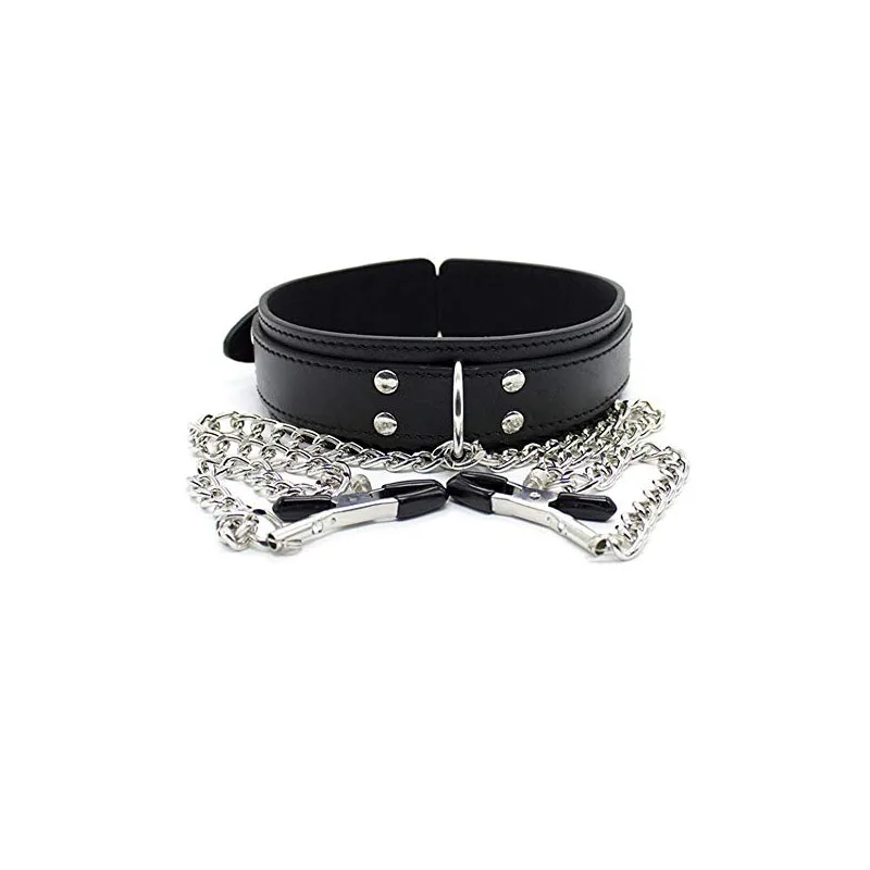 BDSM Leather Choker Collar With Nipple Breast Clamp Clip Chain Couple Slaves Adult Sex Toys Butterfly Style For Couples Games