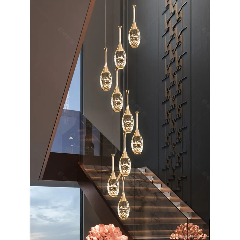 

Villa duplex staircase chandelier, modern and simple crystal light luxury, rotating staircase, loft apartment long chandelier