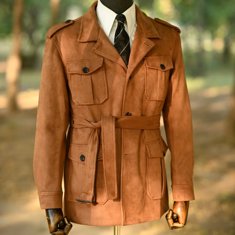 헌팅 재킷 영국 남성용 재킷 어깨 끈이 있는 비즈니스 따뜻한 출퇴근용 레트로 멀티 포켓 스웨이드 느낌의 라펠 수트 재킷