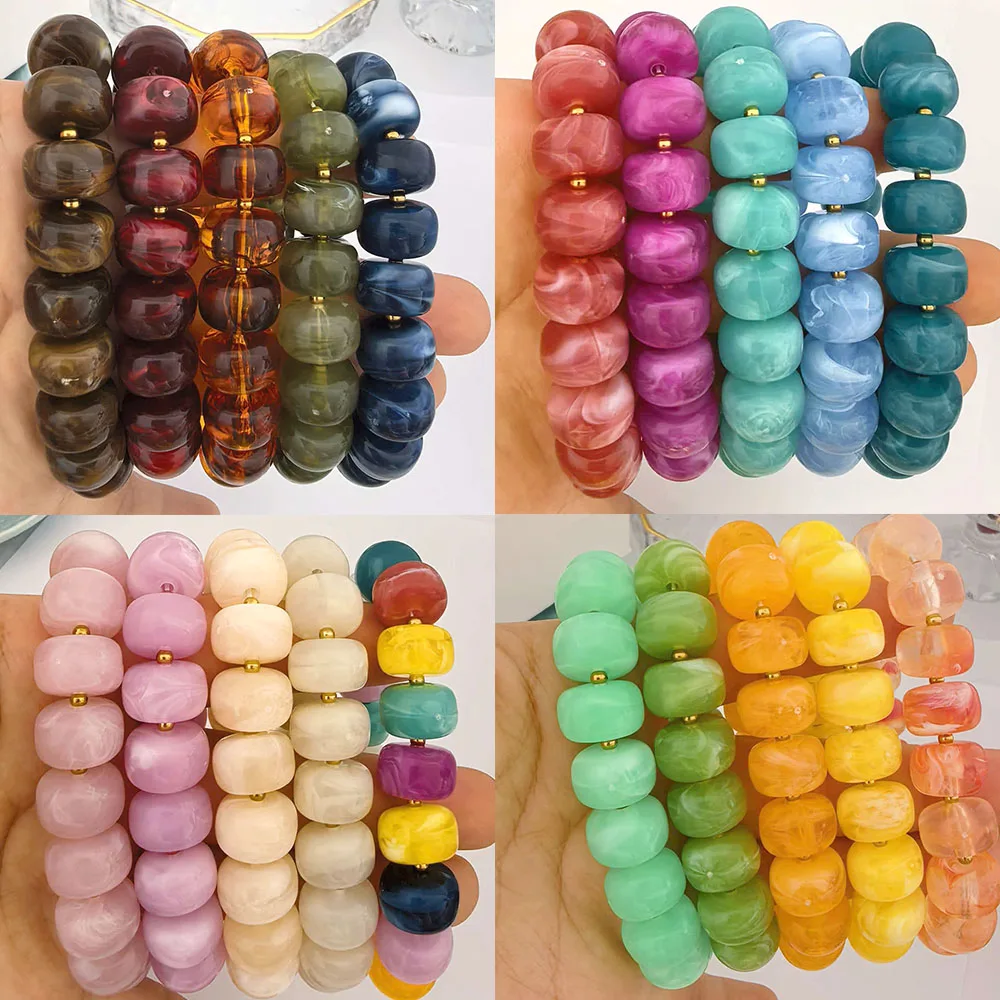 Rundes elastisches Armband aus Kunstharz für Damen, goldfarben, PVD-beschichtet, mit großen Edelstahlperlen, wasserdicht, DIY, handgefertigt, Statement, blau, beige – Detail 2