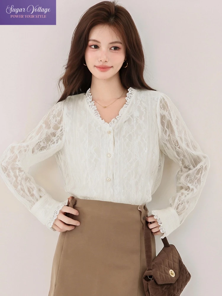 

Элегантная кружевная блузка с v-образным вырезом для женщин 2022, осень-зима, рубашка во французском стиле с длинным рукавом, шикарный облегающий топ, женская офисная женская одежда