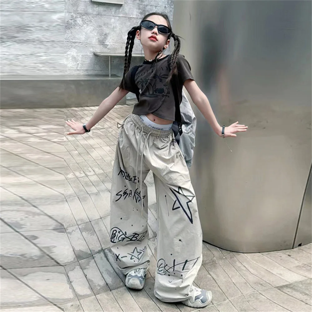 2475 Coconut Tree Print Summer Youngsters Street Dance Pants Children\'s Casual Girls Cargo Pants Korea Wide Leg Pants