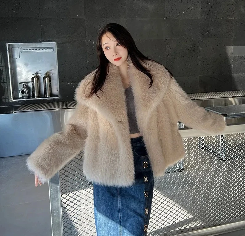 موضة تقليد معطف فرو الثعلب المرأة الخريف الشتاء سترة قصيرة فو الفراء معطف الشارع الشهير بلوزات فضفاضة الإناث #4