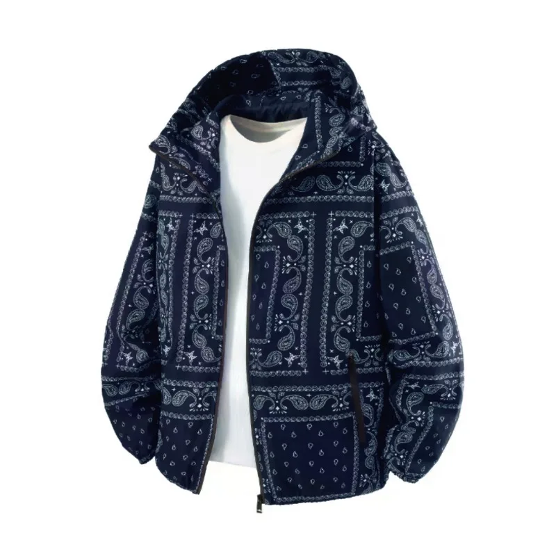 Men's Retro Paisley Print Hooded Jacket Spring Autumn Casual Windproof Coat Unisex Loose Streetwear Fashion Outerwear for Daily
