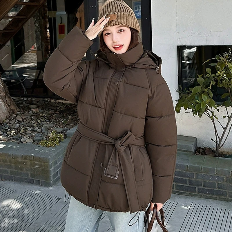 ZAROY Women Winter Hooded Coats Casual Sashes Cotton Parkas Solid Warm All-match Pocket Belted Jacket Outerwears куртка ж