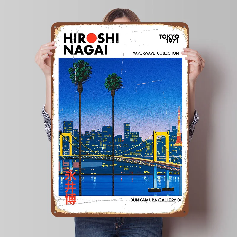 Hiroshi Nagai Vaporwave Tokyo Poster Customized Wall Art Vintage Metal Signs Retro Tin Plaque for Man Cave Home Decor Items Room