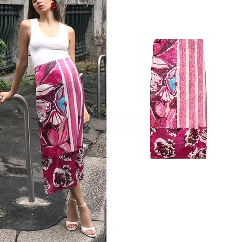 

Spring Women's High Waist Straight Silk Satin Print Midi Skirt Commute Sle mid Length Polyester Fiber Slim Fit Skirt