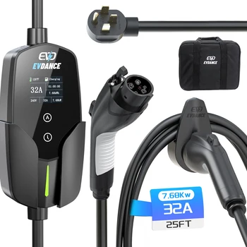EVDANCE taşınabilir elektrikli araç şarj abd Plug ile 32A Type1 araba elektrikli cihazlar 7.68Kw şarj kablosu TFT ekran akımı