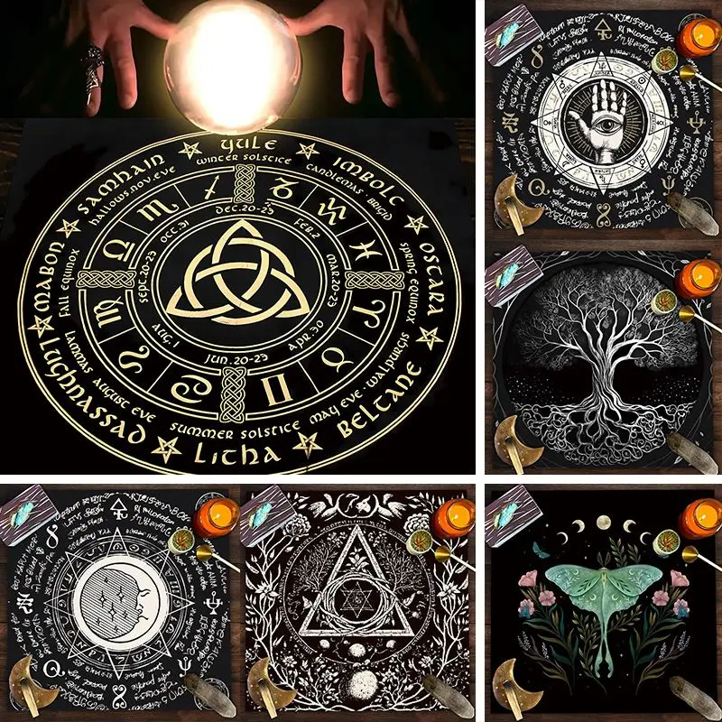 VIKAMA Wheel of The Year Altar Tarot Cloth Triquetra Tree of Life Moth Pentagram Divination Oracle Reading Mat Home Decor