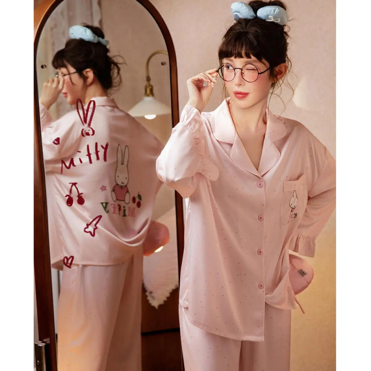 

Miffy Sleepwear Women's Spring and Autumn Long Sleeved Ice Silk Cartoon Cute Home Clothes Kawaii Set Cute Gift