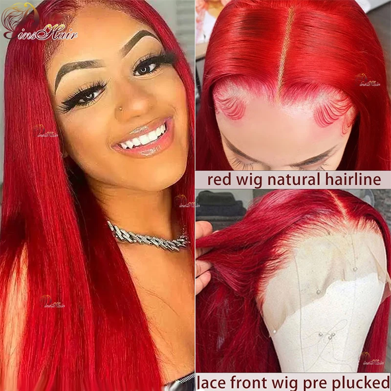 Perruque Lace Front Wig Remy Brésilienne Naturelle, Cheveux Lisses, Rouge 99J, 13x4, 180% de Densité, pour Femme