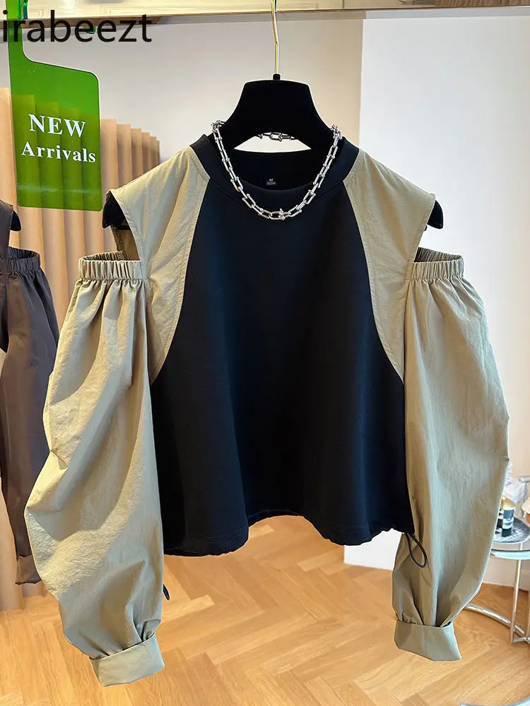 

Женская свободная рубашка с открытыми плечами, повседневная Короткая Толстовка с капюшоном, очень большие размеры, Осень-зима