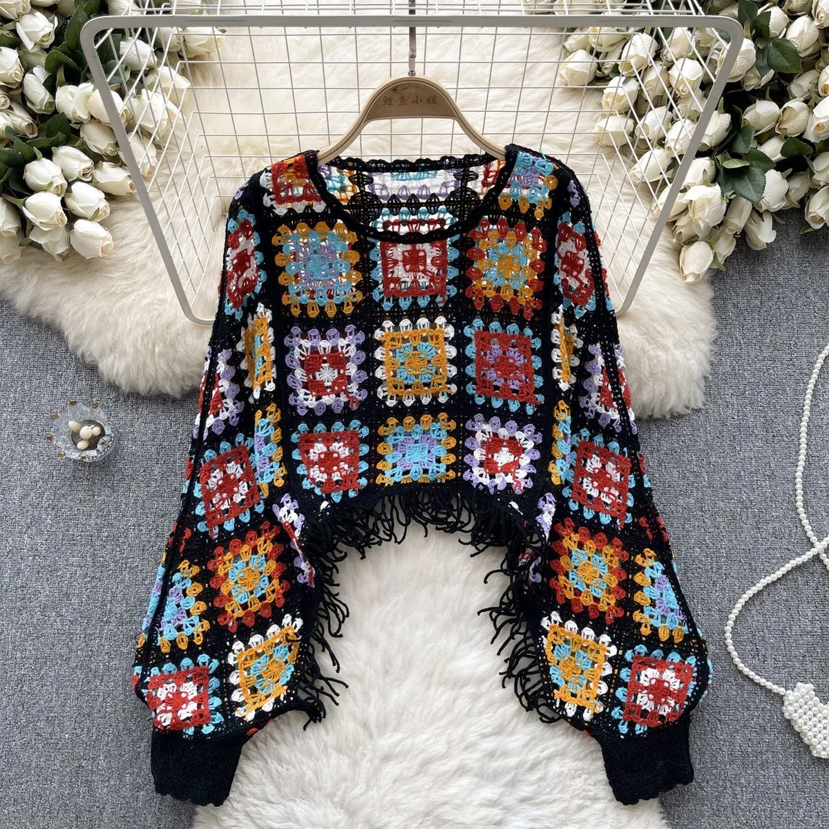 Ethnic Style Knitted Cardigan Women Ruffles Plaid Tassel Female Sweaters Ladies Bohemia Holiday Autumn Cardigans Dropshipping