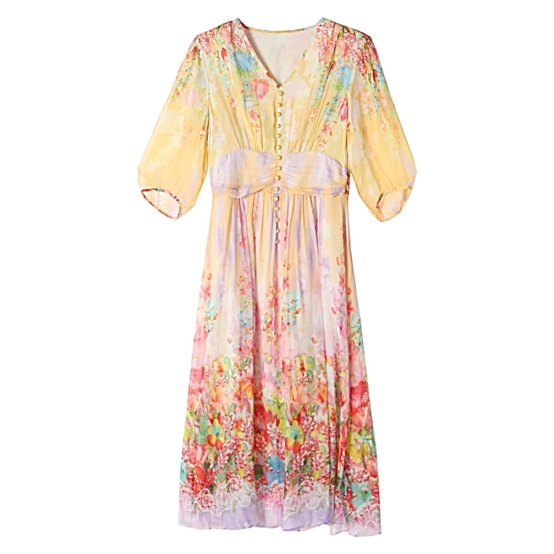 Summer Floral Silk Beach Midi Sundress Women Boho Fashion Casual Light Dress 2025 Spring Korean Elegant Luxury Festival Vestidos