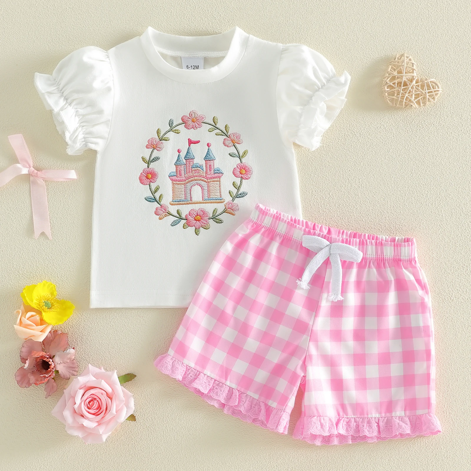 1-4Y Kids Girls Shorts Set, Short Sleeve Crew Neck Embroidery Flower Castle T-shirt with Plaid Shorts Summer  Girls Outfit Set