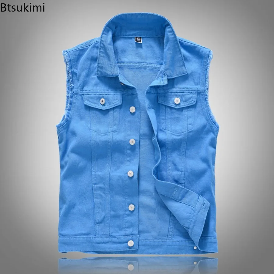 2025 Men's Sleeveless Denim Jackets Spring Autumn Slim Casual Lapel Button Up Vest Coats Male Fashion Vintage Jean Waistcoat 5XL