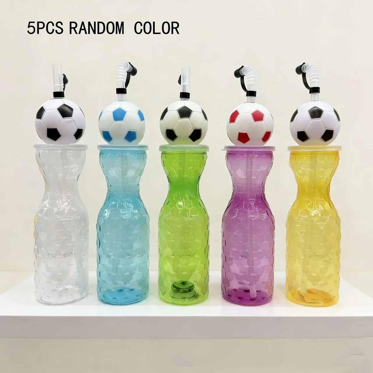 5Pcs Random Color Soccer Ball Water Bottle with Straw Plastic Football Drinking Cup for Kids Sports Party Favors