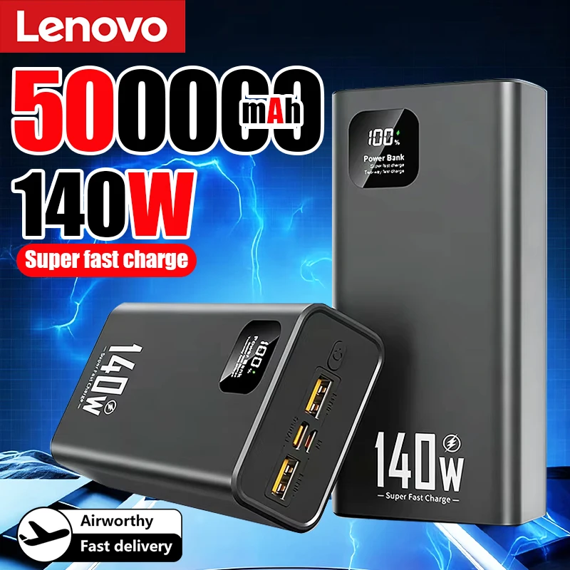 Lenovo 500000mAh Power Bank Large Capacity 140W Super Fast Charging Portable External Battery Charger for iPhone Huawei Samsung