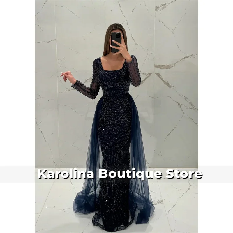 تخصيص ساحة طوق مطرز حورية البحر فساتين السهرة أنيقة طويلة الأكمام vestidos de noche الطابق طول مساء اللباس