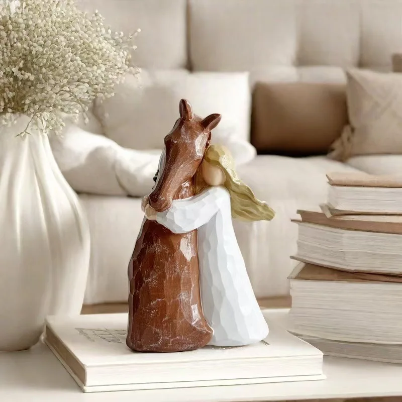Girl Embracing Horse Figurines Guardian Angel Sculpture Statues Decor Art Living Room Keepsake for Crafts Room Decors Festival