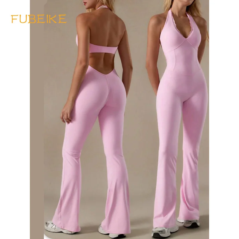 FUBEIKE New Lace Collar Yoga Wear Long Pants Solid ColorRunning Sports Halter Bodysuit Tight Yoga Pilates Sportswear Gym Clothes