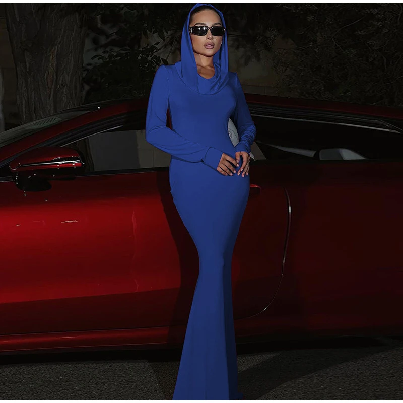 

Новое повседневное вечернее платье макси с капюшоном и длинными рукавами для женщин, облегающее, с завышенной талией, в стиле пэчворк, фасон «рыбий хвост», модные платья 2026 года