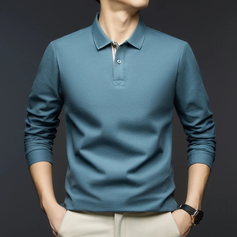

100% Cotton Polo Men Spring 2025 Classic Solid Business Tops Long Sleeve Male Pure Cotton Tee Shirt Turn Down Collar Polo Shirt