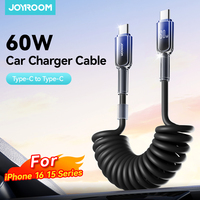 Joyroom 60W USB Type C Fast Charging Cable Spring Telescopic Car Charger Cable For iPhone 16 15 Pro Max /Xiaomi /Huawei Android