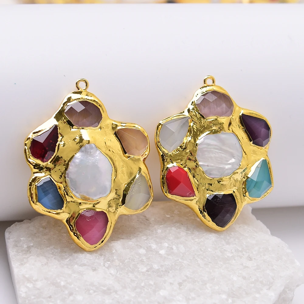 APDGG 2 Pcs Natural White Coin Pearl Mix Color Cat eye Gold Edged Pendant Necklace Jewelry DIY