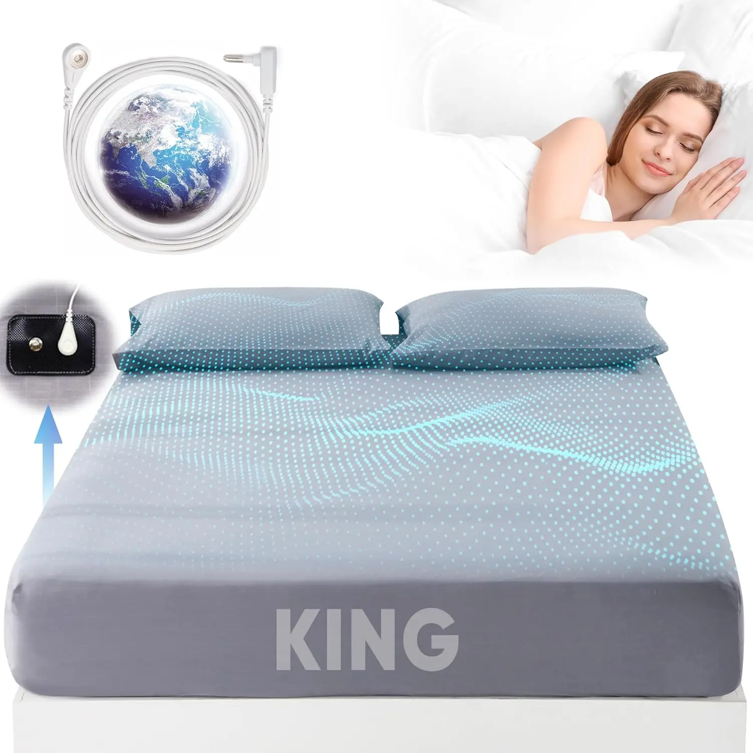 Sábanas tamaño King, 95% algodón orgánico + 5% fibra de plata pura, Sábana de conexión a tierra, ropa de cama conectada a tierra (King - 77 "x 80" x 13 "gris)