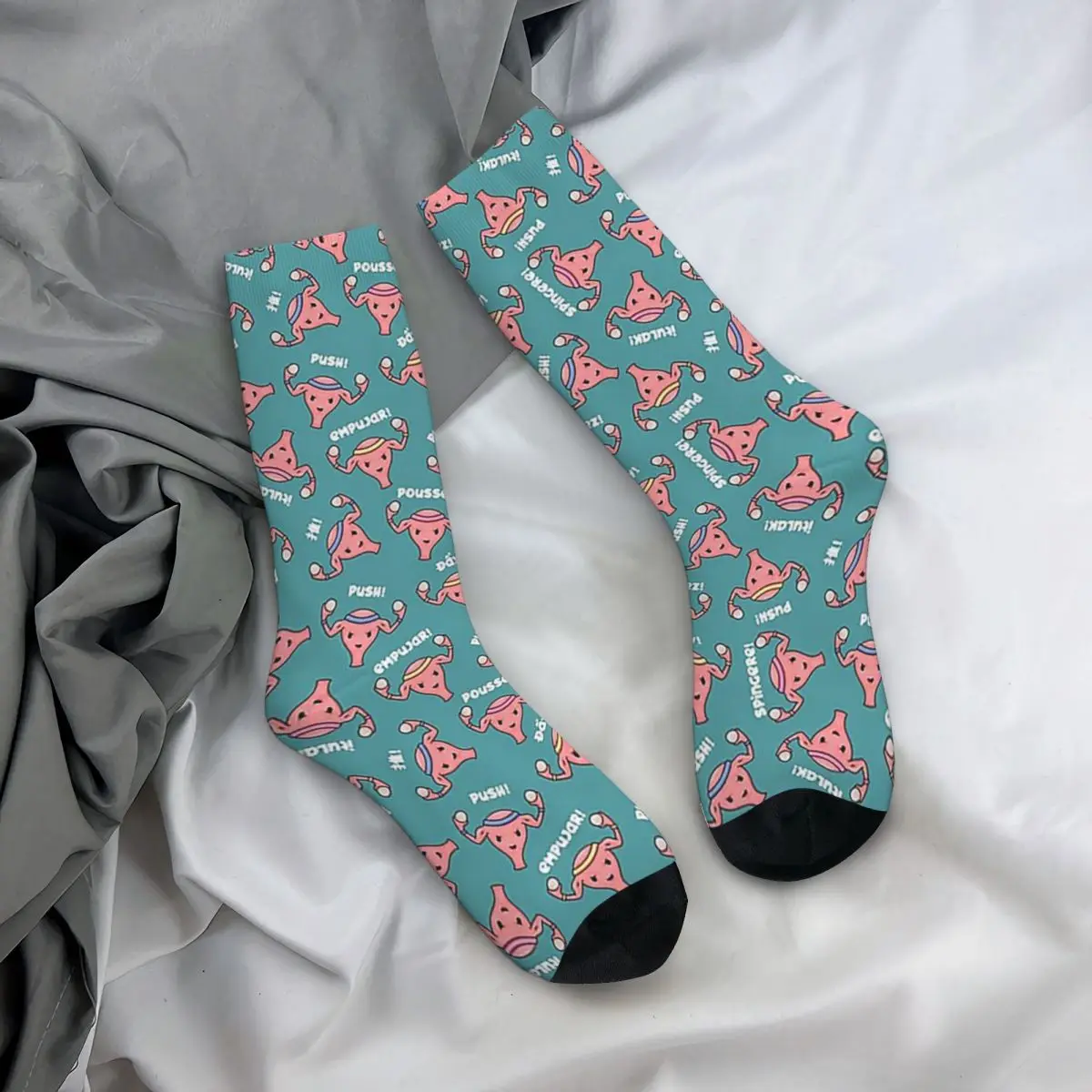 Pregnant Uterus PUSH Scrubs, Nurses, Midwife, OBGYN Teal Socks Harajuku Soft Stockings All Season Long Socks for Unisex Gifts