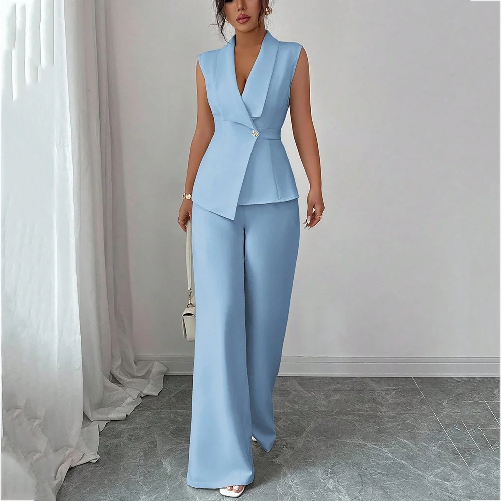 

Повседневный женский костюм без рукавов, классический крой, прямой, из двух предметов, с шалью и лацканами, однотонный повседневный офисный рабочий наряд, куртка, брюки