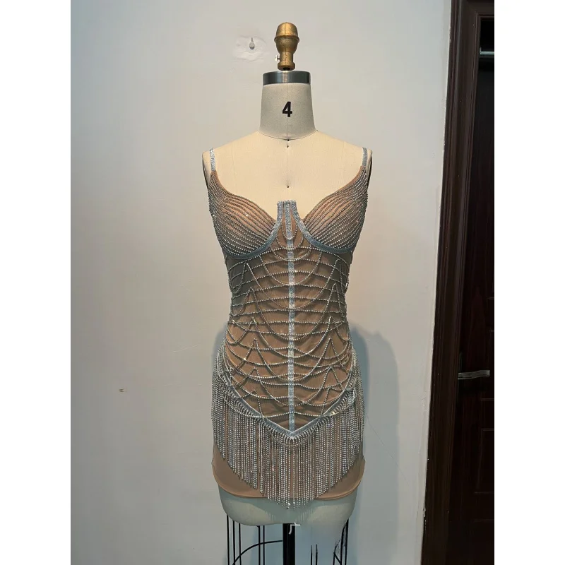 

Новинка: Женское платье с сетчатыми вставками, массивной цепочкой из страз и асимметричными бахромами, платье для латиноамериканских танцев для женщин