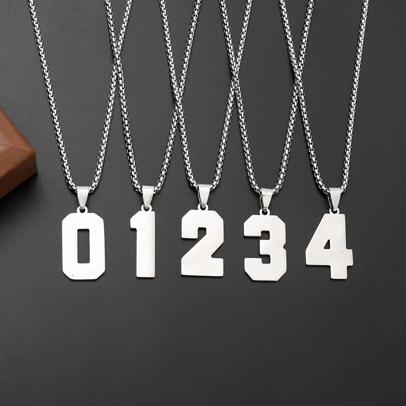 الفولاذ المقاوم للصدأ على الوجهين عدد قلادة 0 1 2 3 4 5 6 7 8 9 مستطيل قلادة الرجال النساء الجوف محظوظ أرقام سلسلة مجوهرات