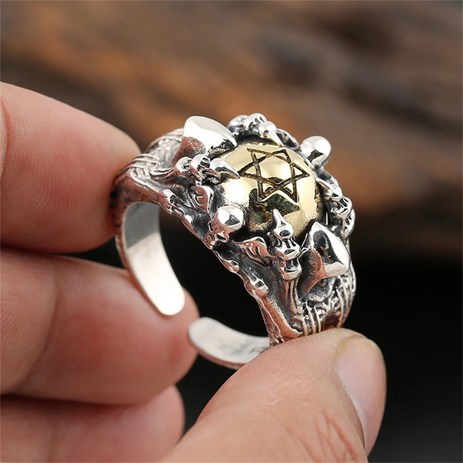 

Jewish Emblem Hexagram Sterling Silver 925 Vintage Skeleton Solomon Open Ring for Men Judaism Jewelry Magen Star of David