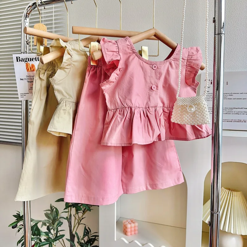 New Product2024Girls' Short-Sleeved Suit Summer New Western Style Fashionable Temperament Flounced Sleeve Top Wide Leg Pants Two