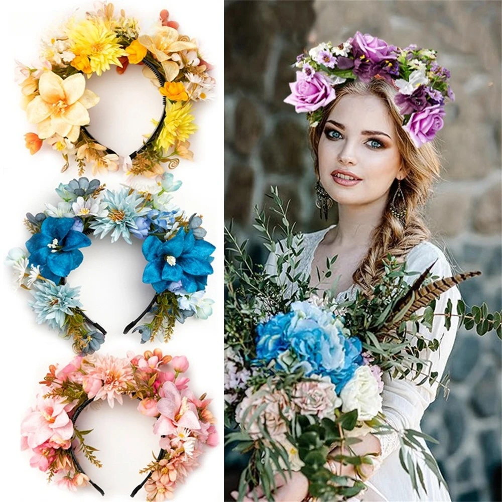 Designer 3D Simulation Flower Wreath Women Girl Rose Flowers Head Hoop Bridal Artificial Anti-slip Wedding Garland Accessories