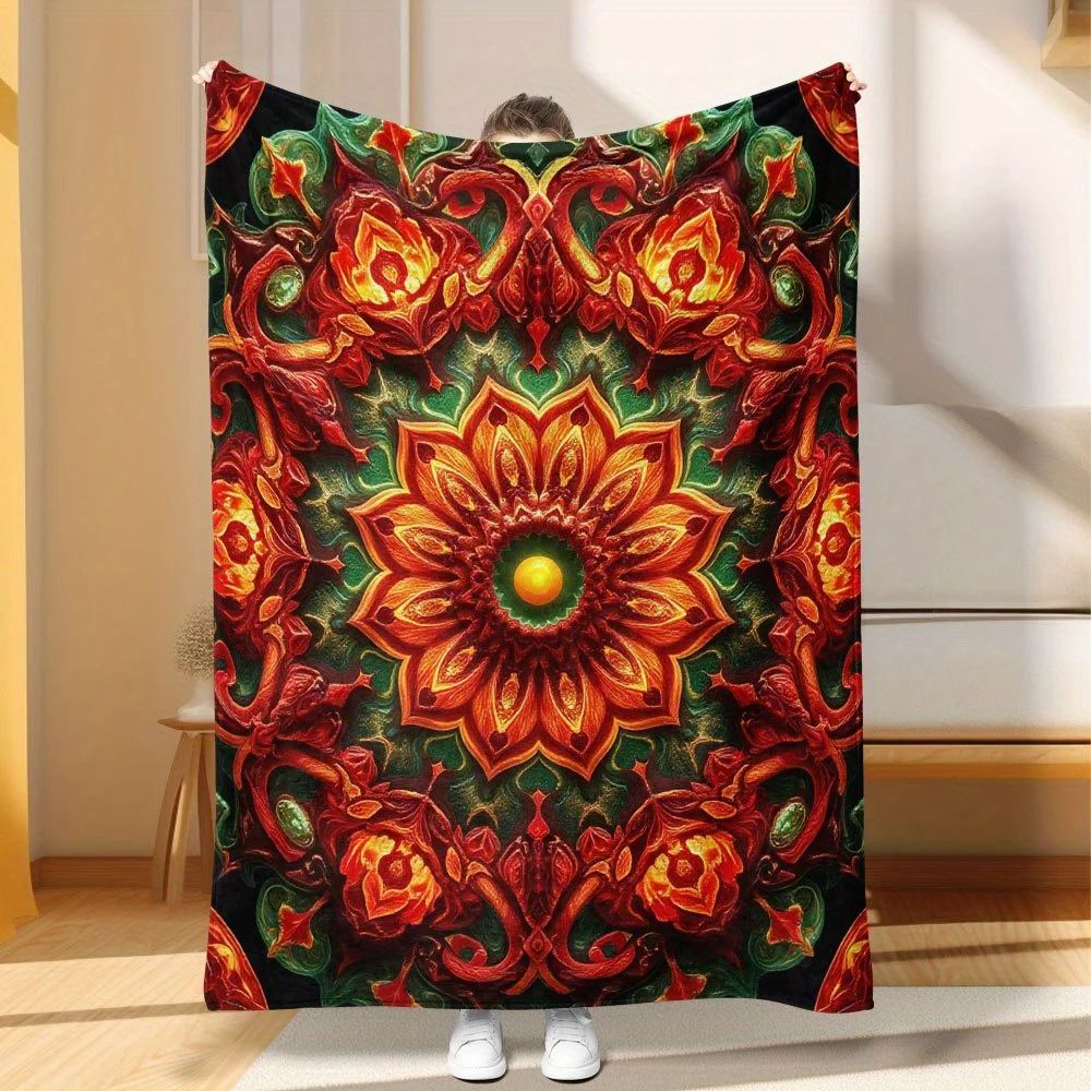 Luxurious Psychedelic Mandala Boho Floral  Throw Blanket Couch Decor Deep Red Autumn Winter Wrap