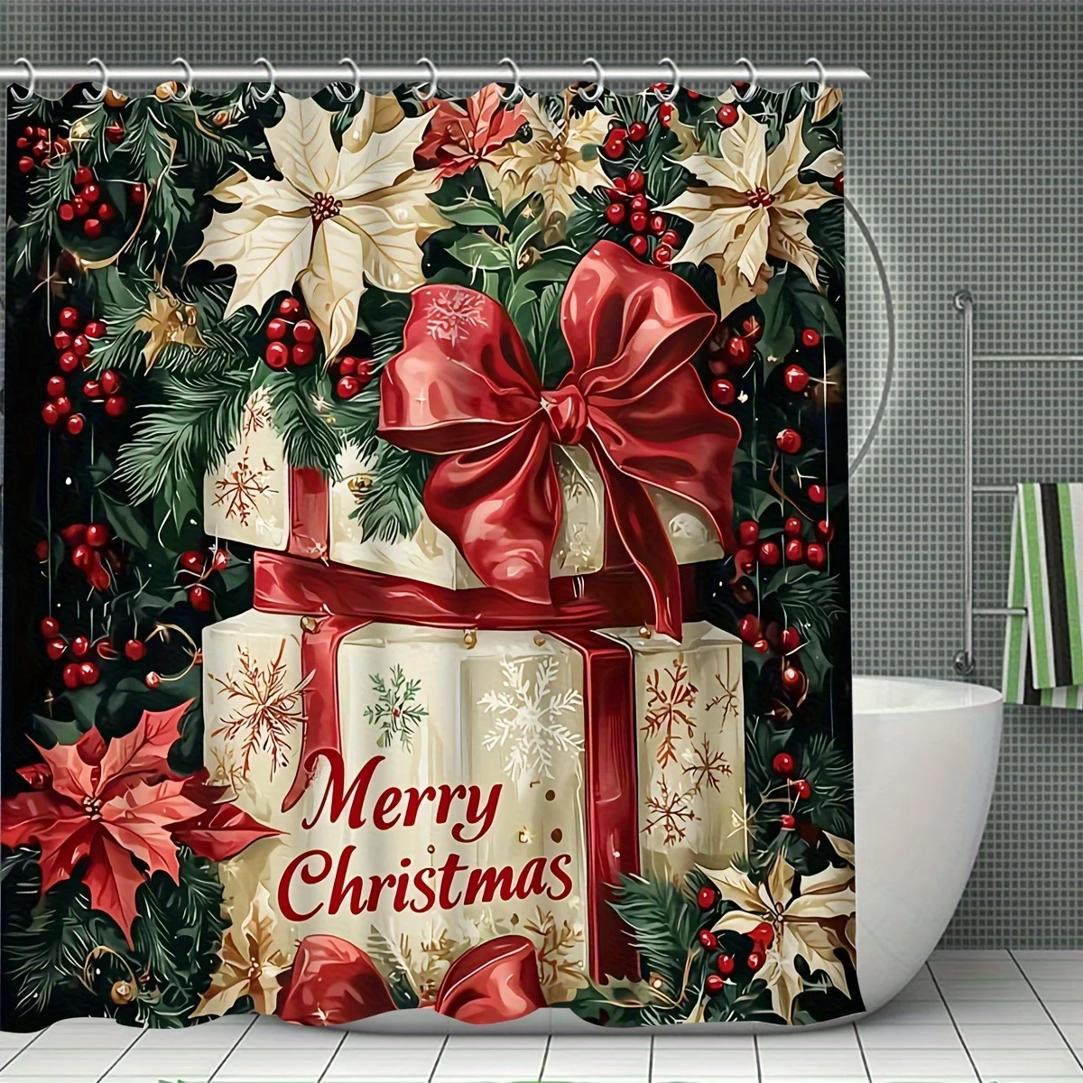 4Pcs Xmas Shower Set, Holiday Pattern, 12 Hooks, Bath Mat, U-Shaped Toilet Cover, Bathroom Decor, Christmas Gift
