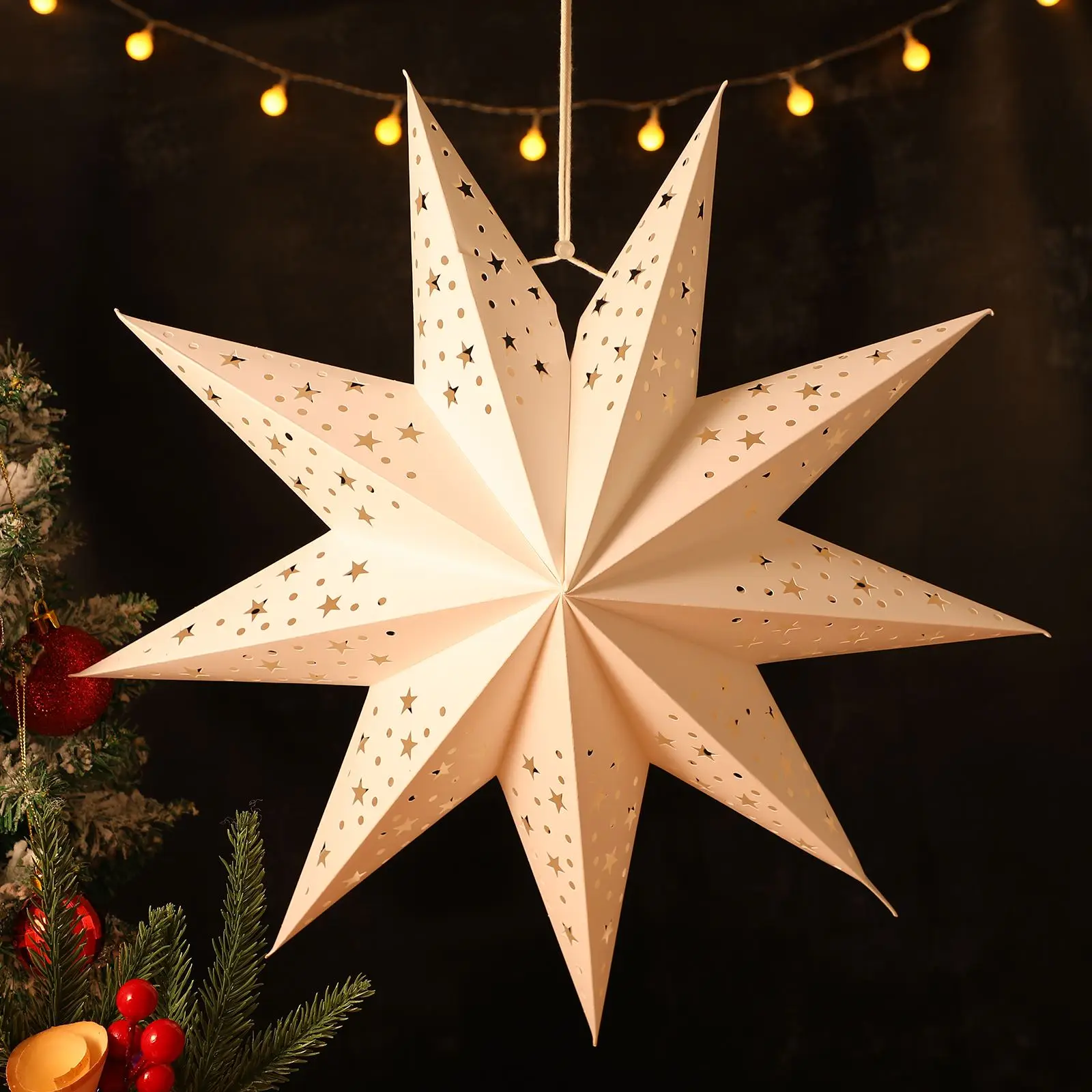 Mobestech 3pcs 35cm 9 Pointed Paper Star Lanterns Hanging Lampshades For Christmas Wedding Birthday Party Decorations (White)