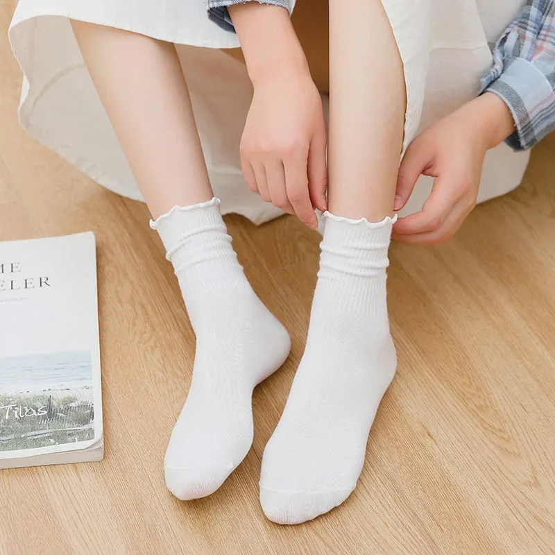 5 pair Cotton Socks Girl Women INS Fashion Summer Cute Kawaii Solid Luxury Korean Japanese Ruffles Ankle Girl Spring Black White