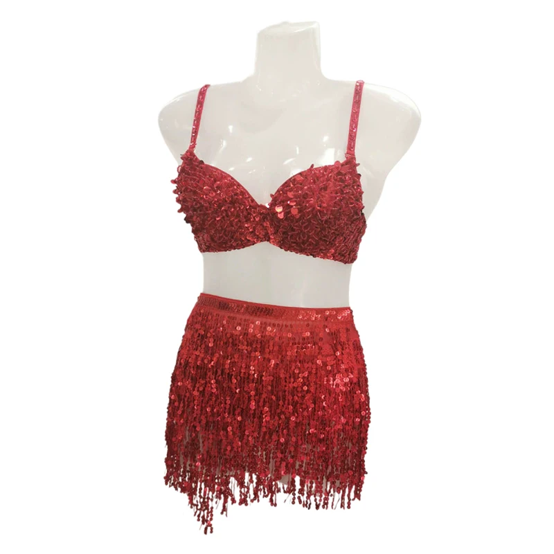 Damen 2-Teiliges Set Tanz-Bralette Crop-Top Quasten-Minirock-Set Bauchtanz Jazz Pole Dance Bühnenauftritt Party Rave Outfit – Detail 5
