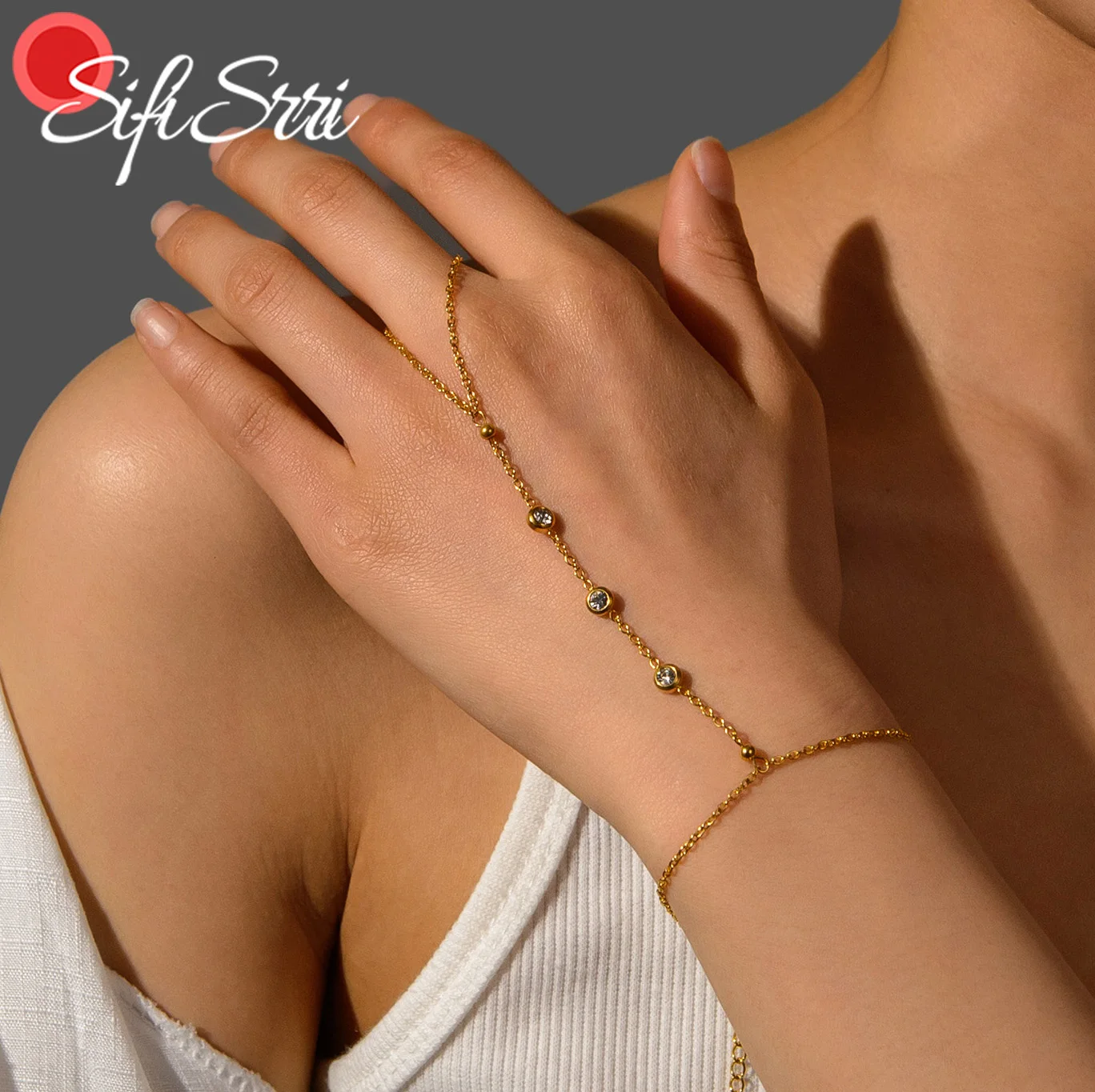 Sifisrri Simple Beaded Finger Chain Minimalist Bracelet for Women Stainless Steel Adjust Zircon Family Mother's Day Jewerly Gift