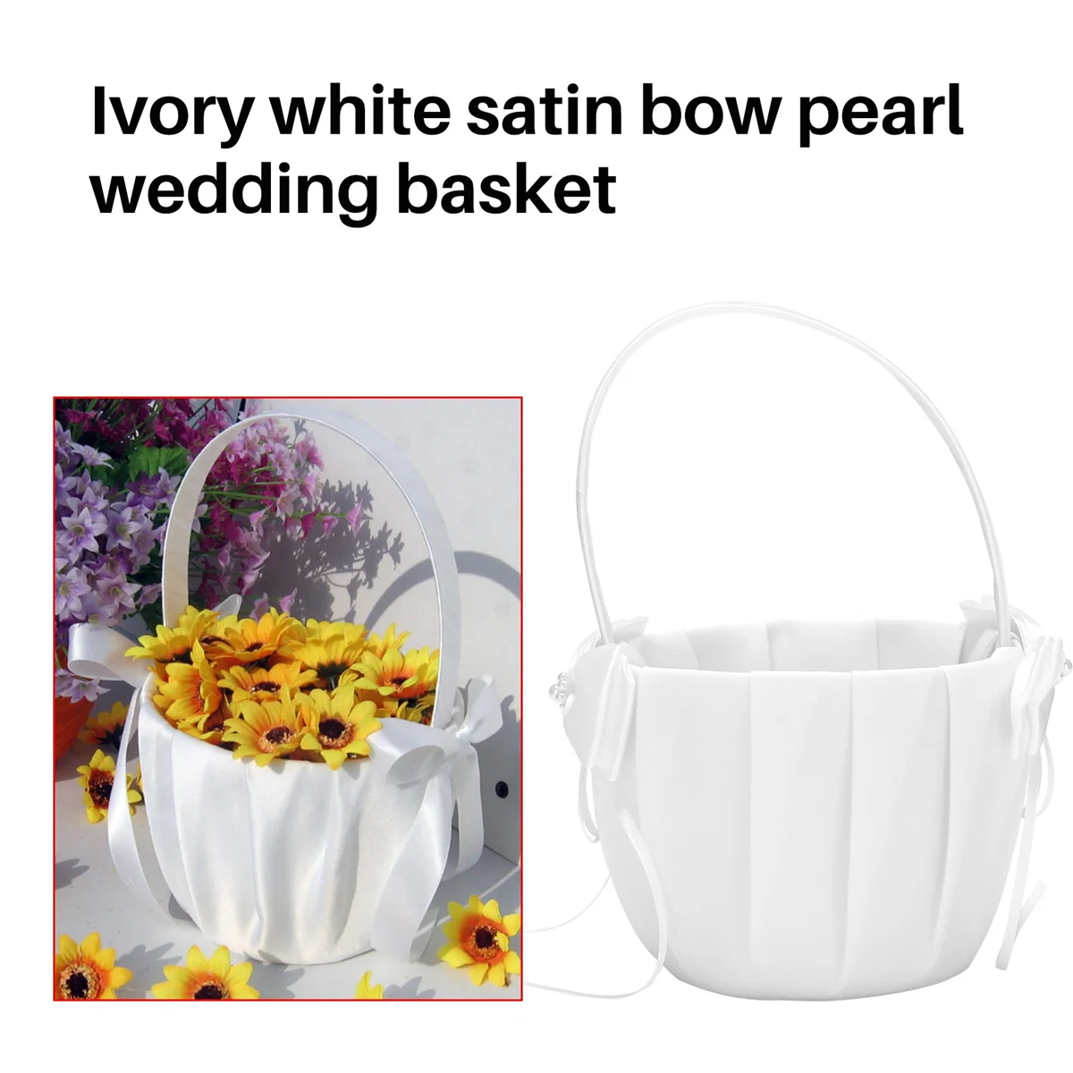 Faux Pearl Flower Wedding Flower Girl Basket Bowknot Decor Ivory