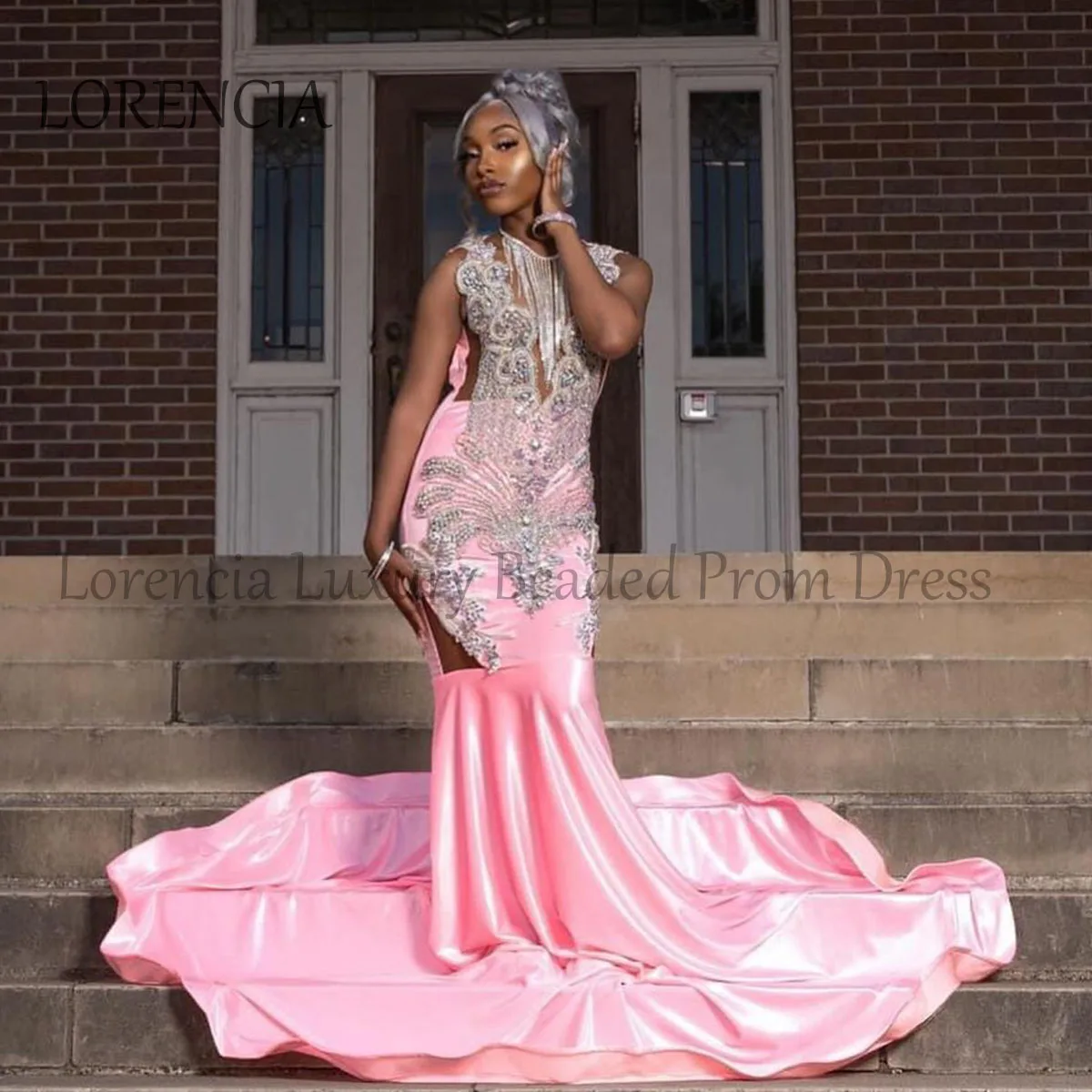 Vestido de fiesta de sirena con cuentas para niña, traje de noche Formal sin mangas con borlas de cristal, color rosa, 2024