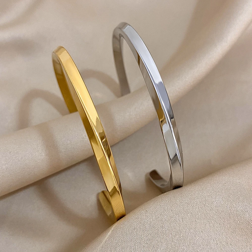 FLASHBUY 316L Stainless Steel Simple Gold Color Cuff Bangles Bracelets for Women Men New Trendy Waterproof Jewelry Gift