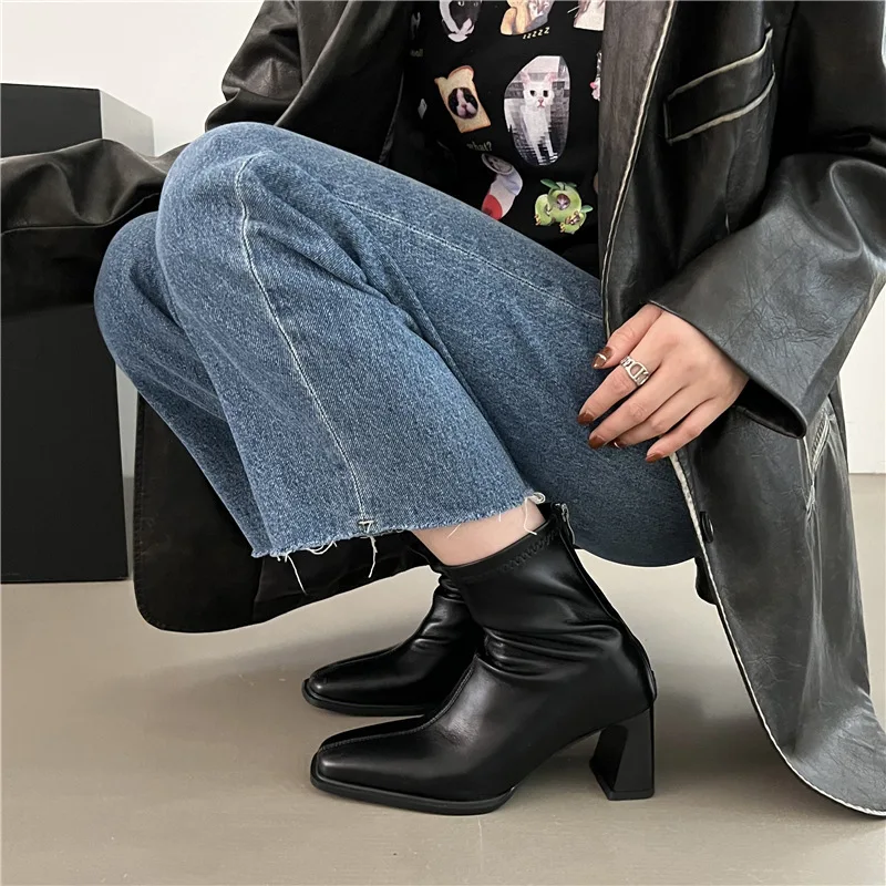 Women Boot Elegant Women High Heels New Soft Leather Thick Heels Ankle Boot Fashion Chelsea Short Boot Chimney Boots Winter Shoe