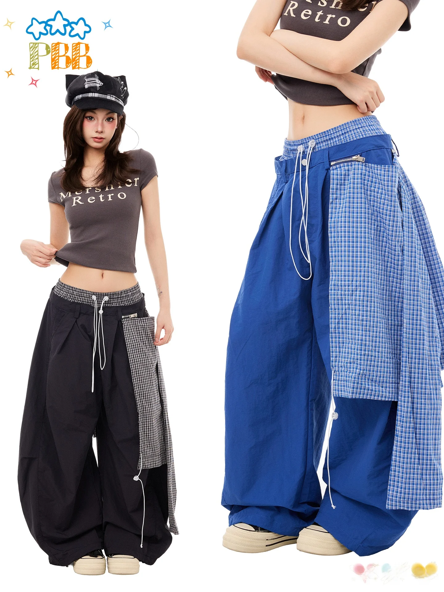 

PBB American Retro Plaid Loose Pants Women's Casual Wide Leg Floor-Length Pants Double Waist Knife Casual Trousers