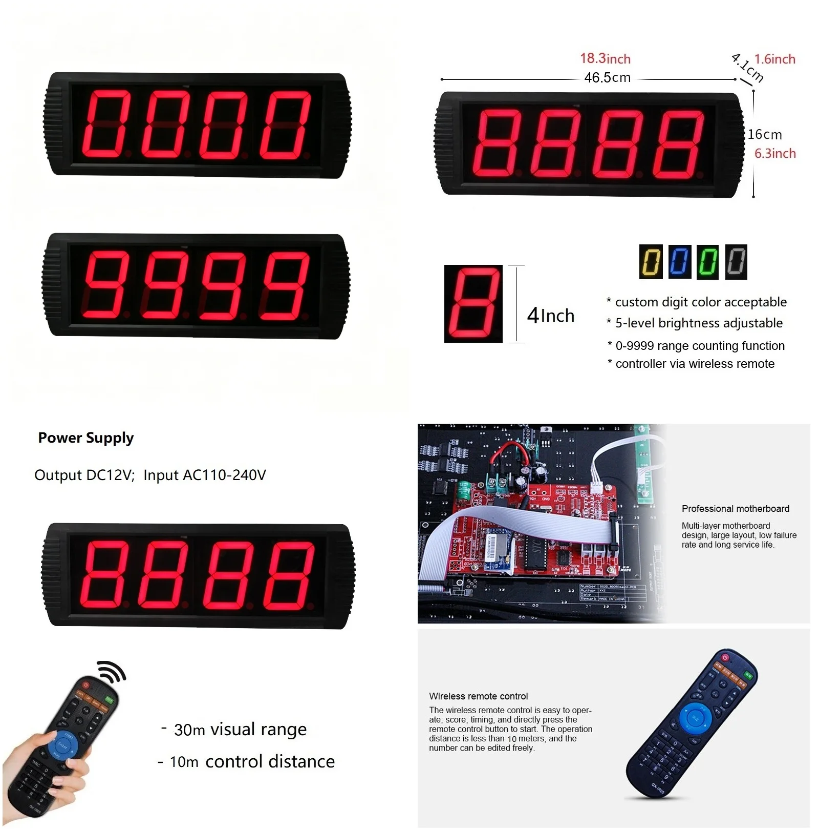 GI4D-4R Programmable 9999 Max Countdown Counting Clock with Remote Control Large 4 Inch Display LED Digital Counter