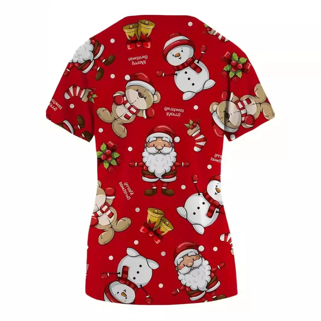 European and American summer women's short sleeved Santa Claus reindeer 3D printed front shoulder V-neck protective workwear